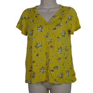 Old Navy Yellow Floral Button Up Short Sleeve Top Women Size XS Jersey Knit